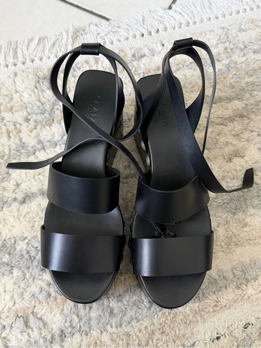 Alaïa Black Leather Platform Sandals with Silver Studs